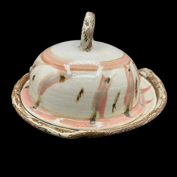 Stunning Art Pottery Shallow Bowl with Covered Lid Colorful Butter Dome 8" x 6" - Picture 4 of 9